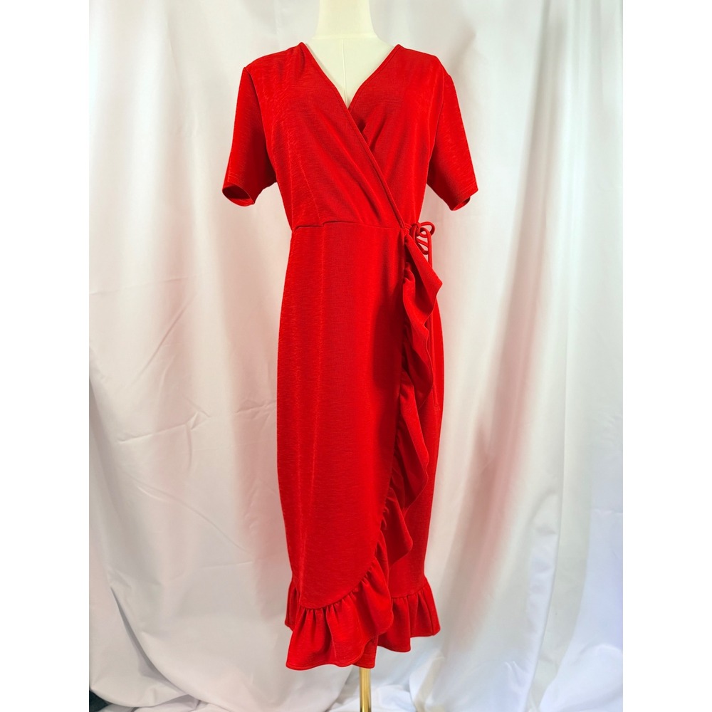 Lost Ink Red Ruffle Mock Wrap Midi Dress Side Slit Short Sleeve Size 1X Wedding